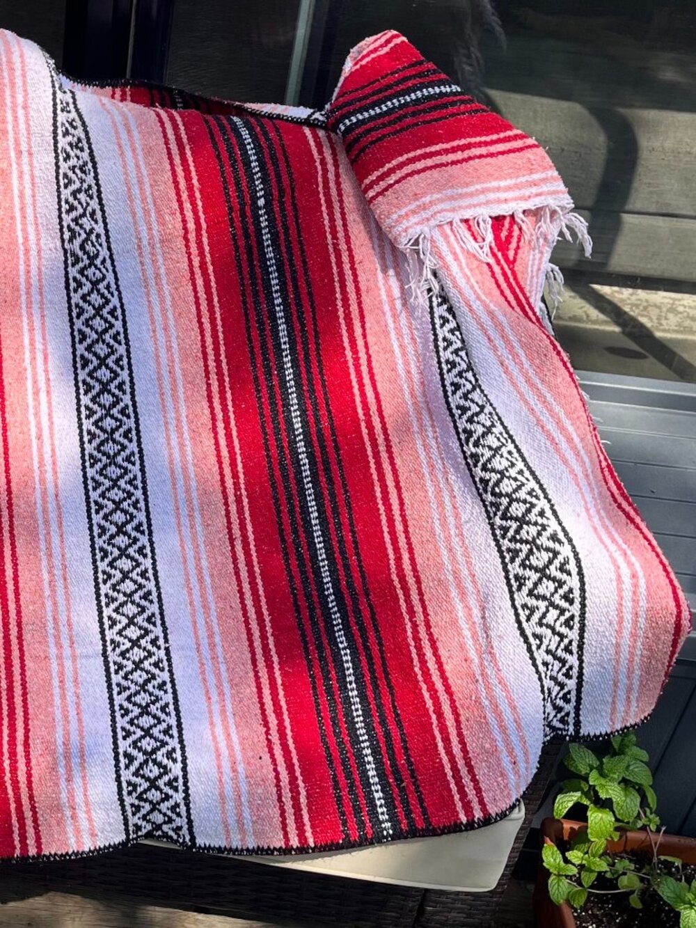 Mexican Serape Blanket Red Pink Black Woven Throw Fringe Boho Southwestern
